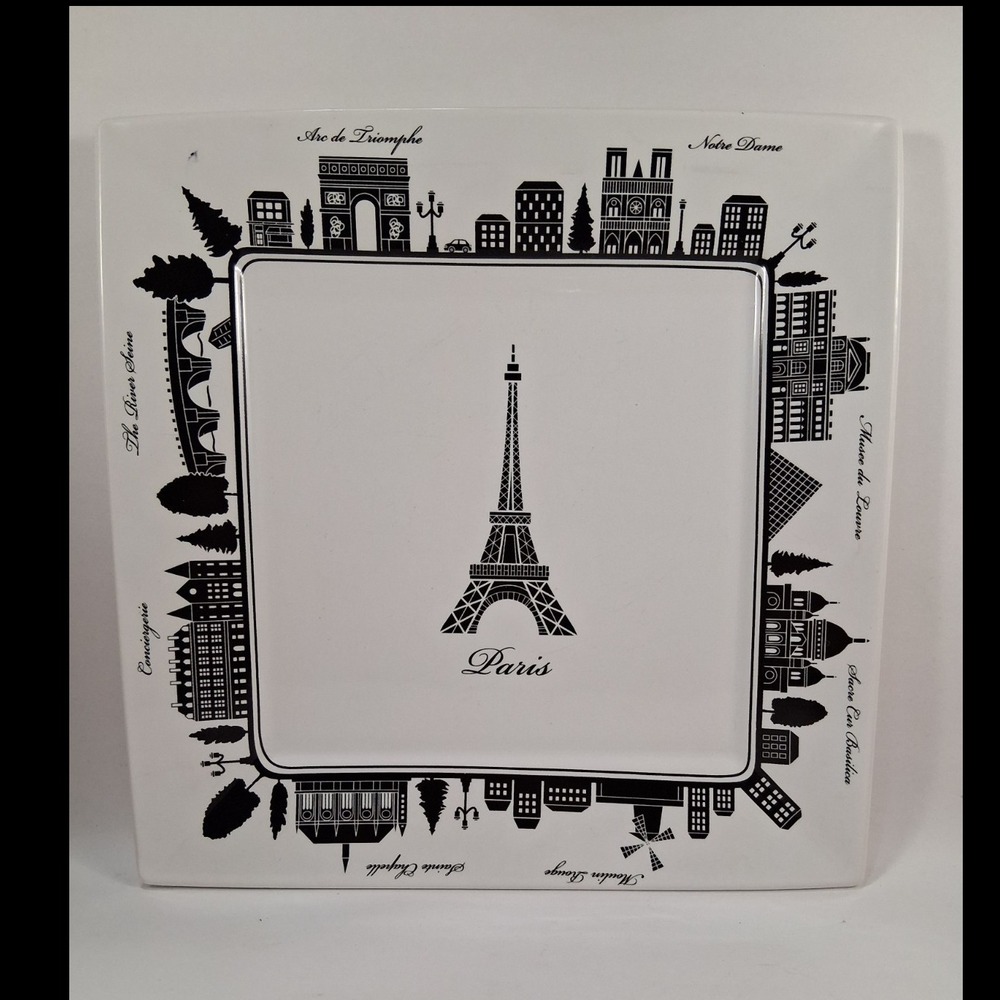 222 Fifth City Block Paris Square Dinner Plate Black White Eiffel Tower 10.5"